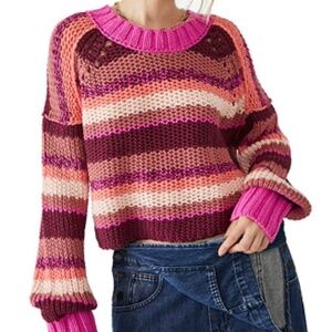 Free People Devon Stripe Fuschia Rose Crop Sweater Size Medium